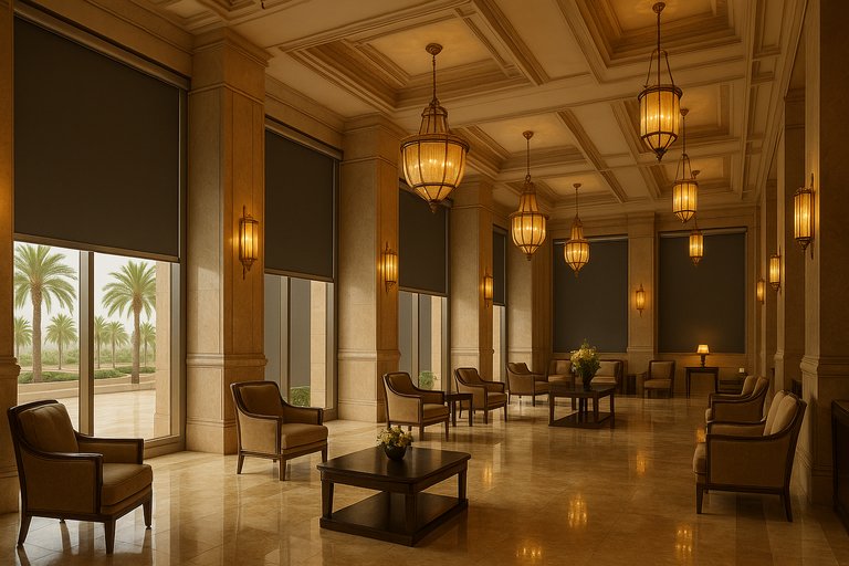 Luxury hotel lounge with roller shades