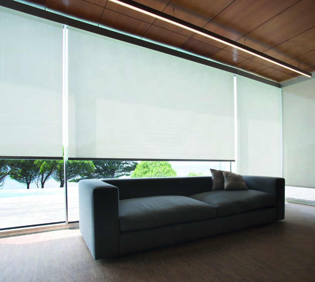 Premium roller shade in a living room with garden view