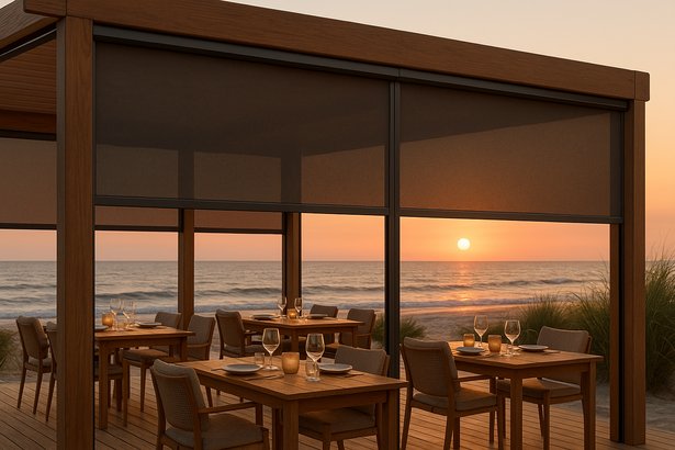 Beachfront restaurant terrace at sunset with retractable screens