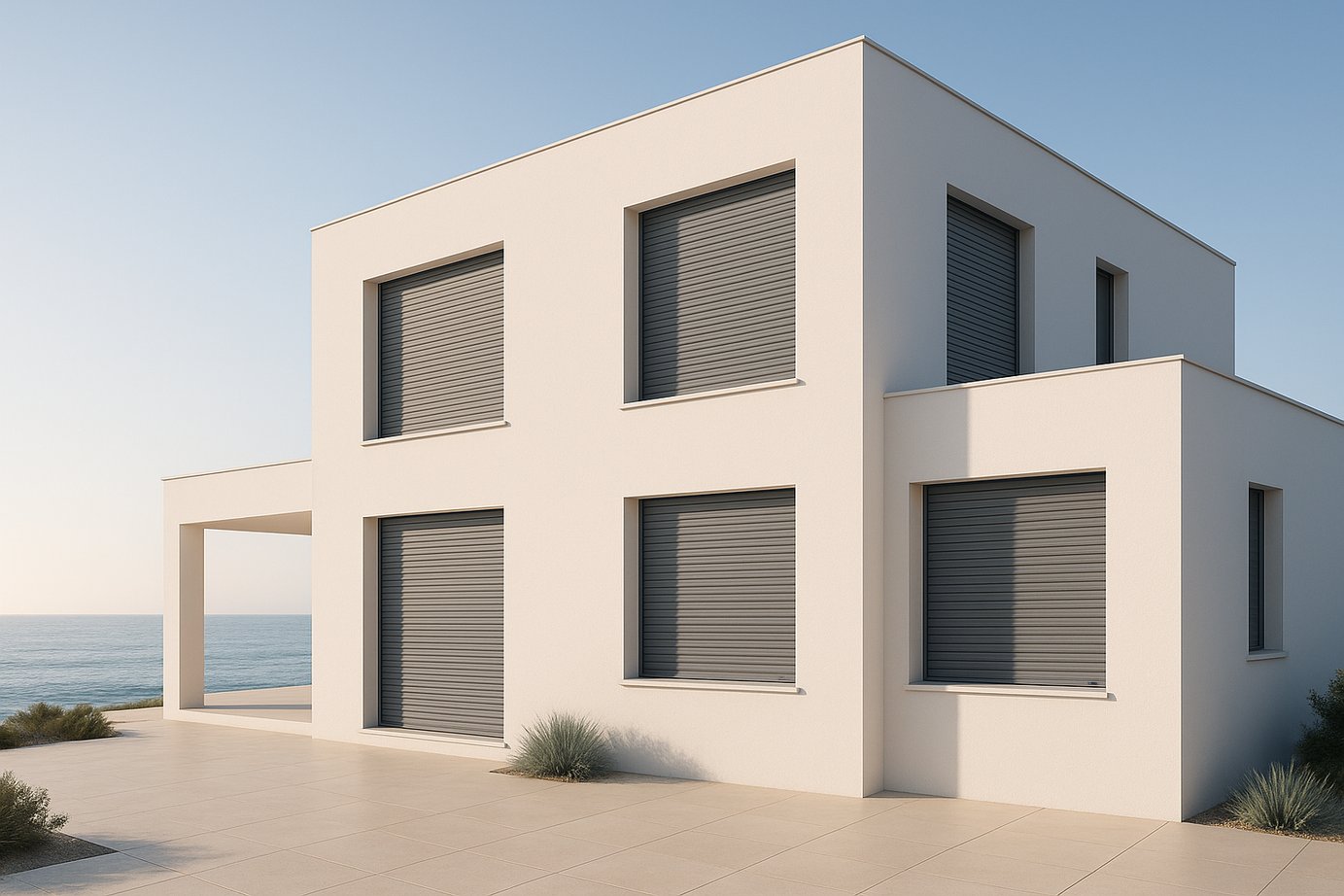 Minimalist villa exterior with closed blackout shutters